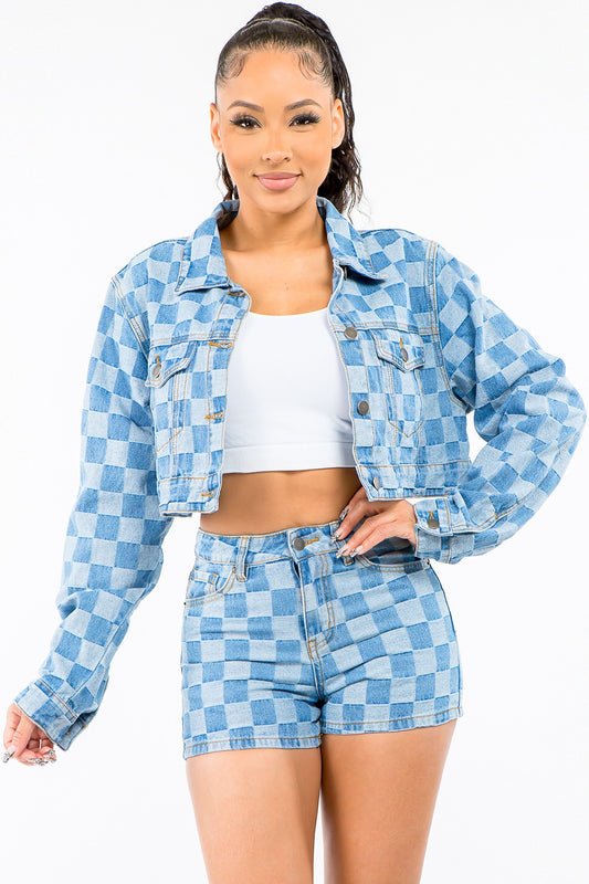 American Bazi Checkered Long Sleeve Cropped Denim Jacket - Luminous Bear Shop