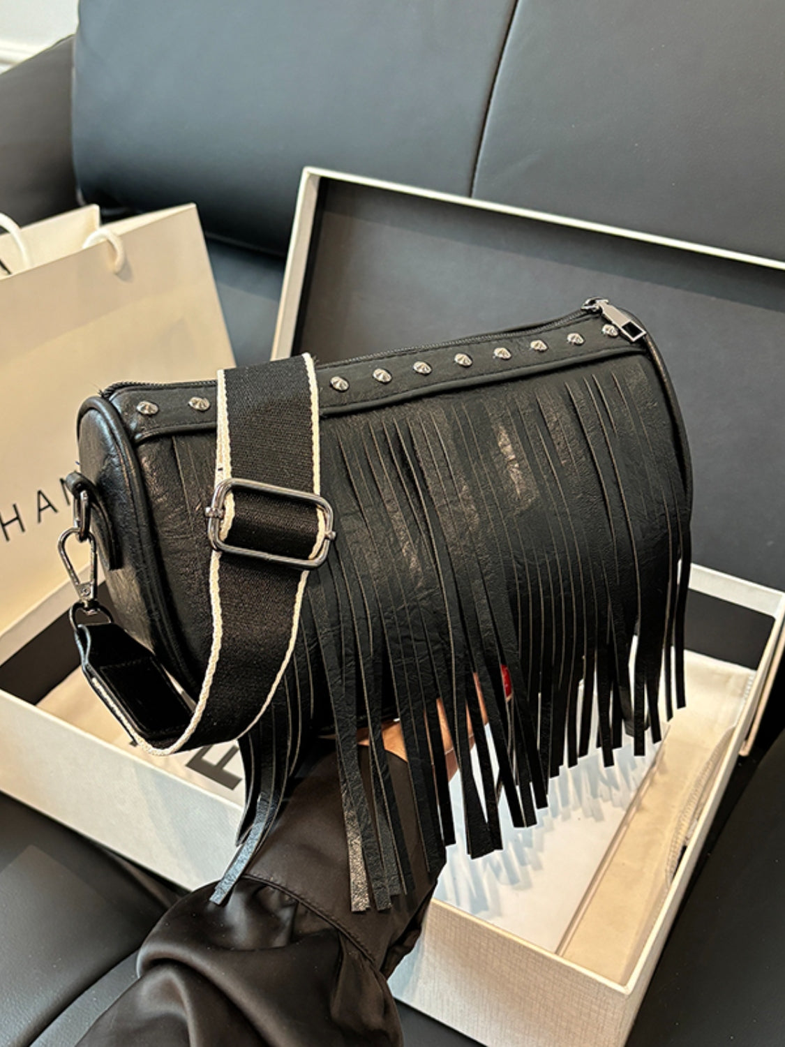 PU Leather Fringe Studded Crossbody Bag - Luminous Bear Shop