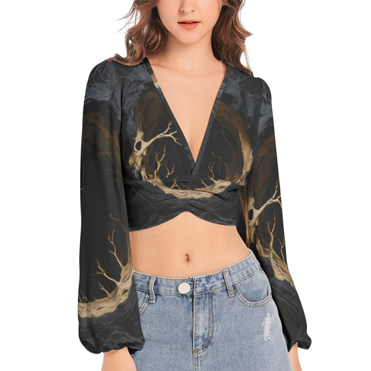 Epoque Elegance Women's Deep V-Neck Lantern Sleeve Crop Top  #XQ89 - Luminous Bear Shop