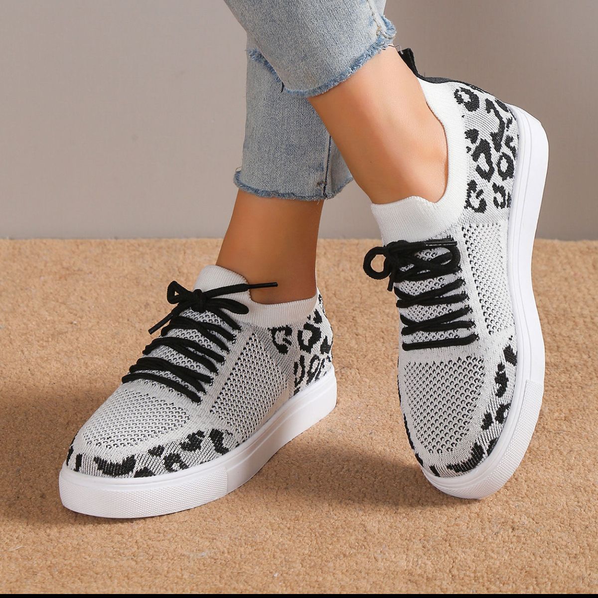 Lace-Up Leopard Flat Sneakers - Luminous Bear Shop