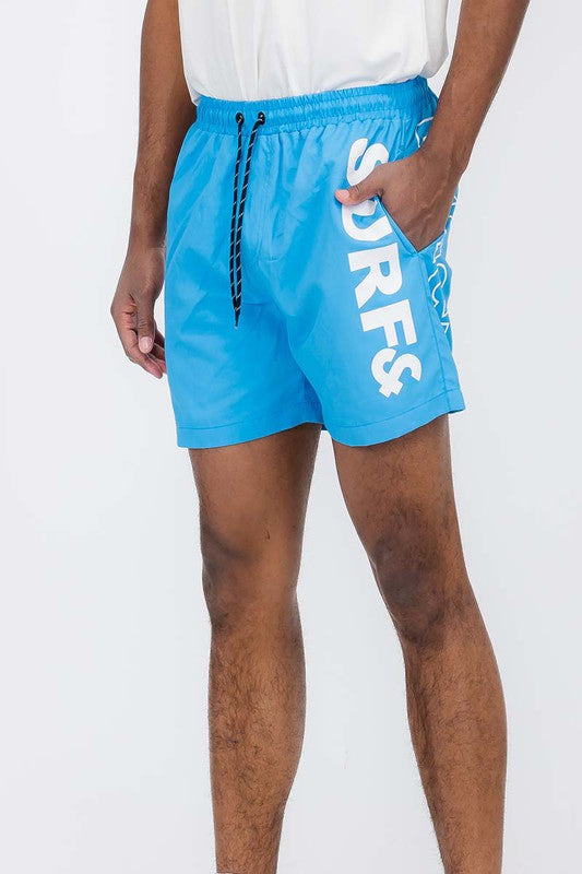 Solid Lined Beach Swim Text Swim Shorts - Luminous Bear Shop