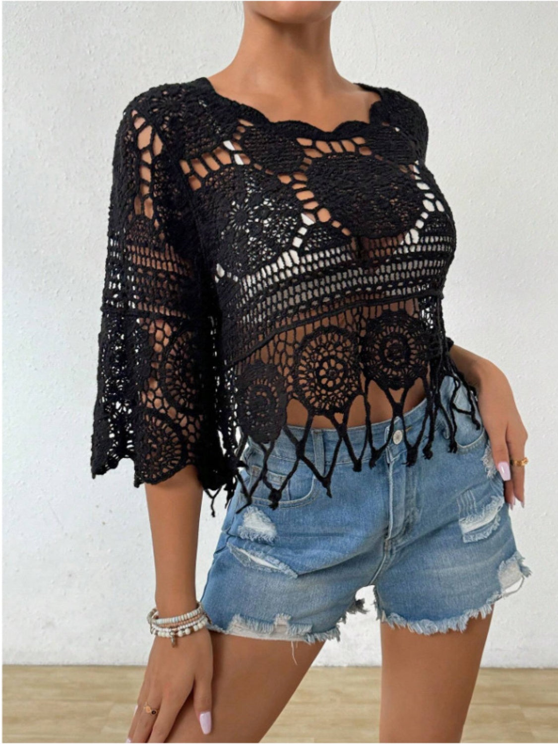 Stylish Openwork Round Neck Cover-Up - Luminous Bear Shop