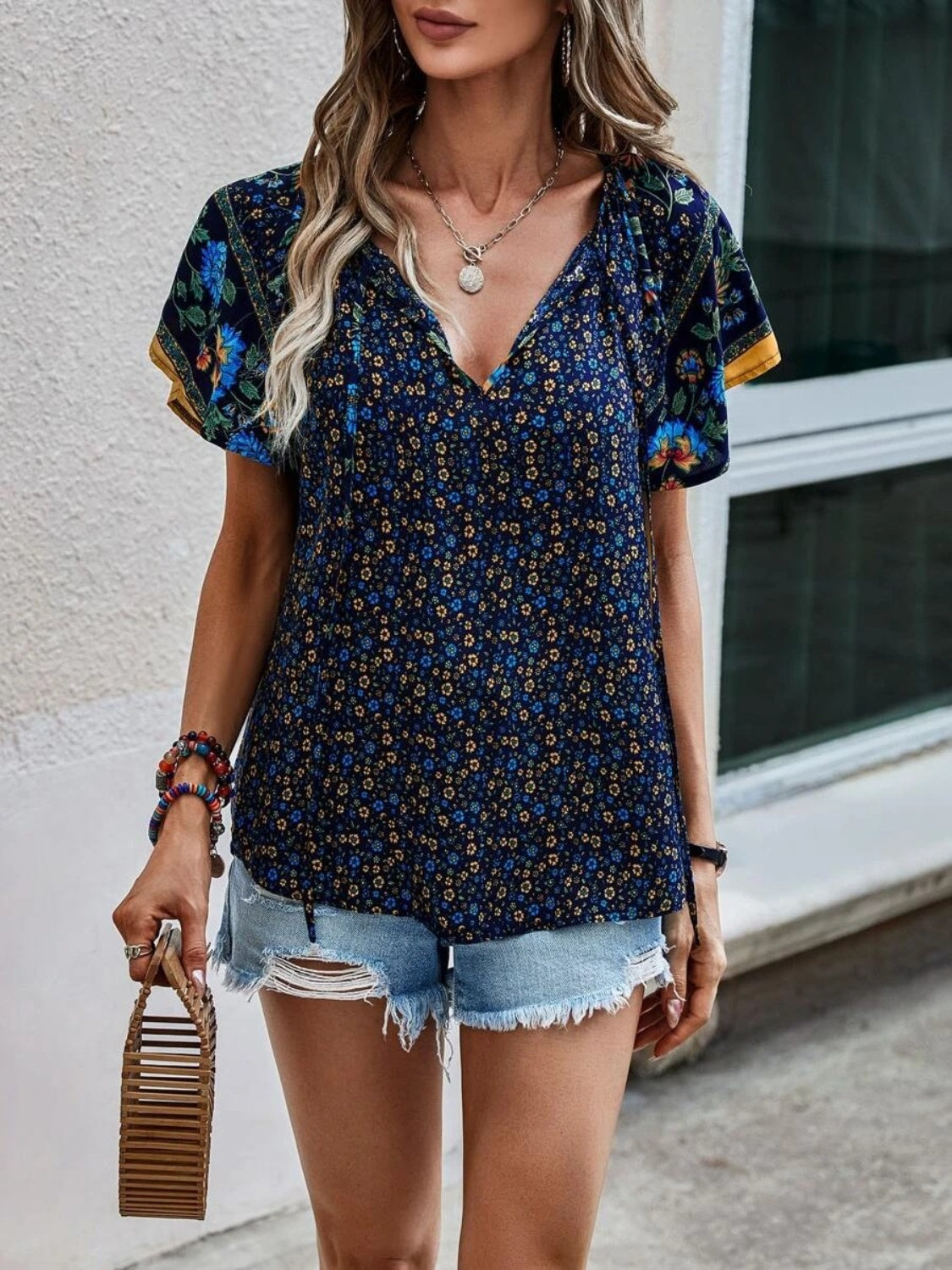 Printed Tie Neck Short Sleeve Blouse - Luminous Bear Shop