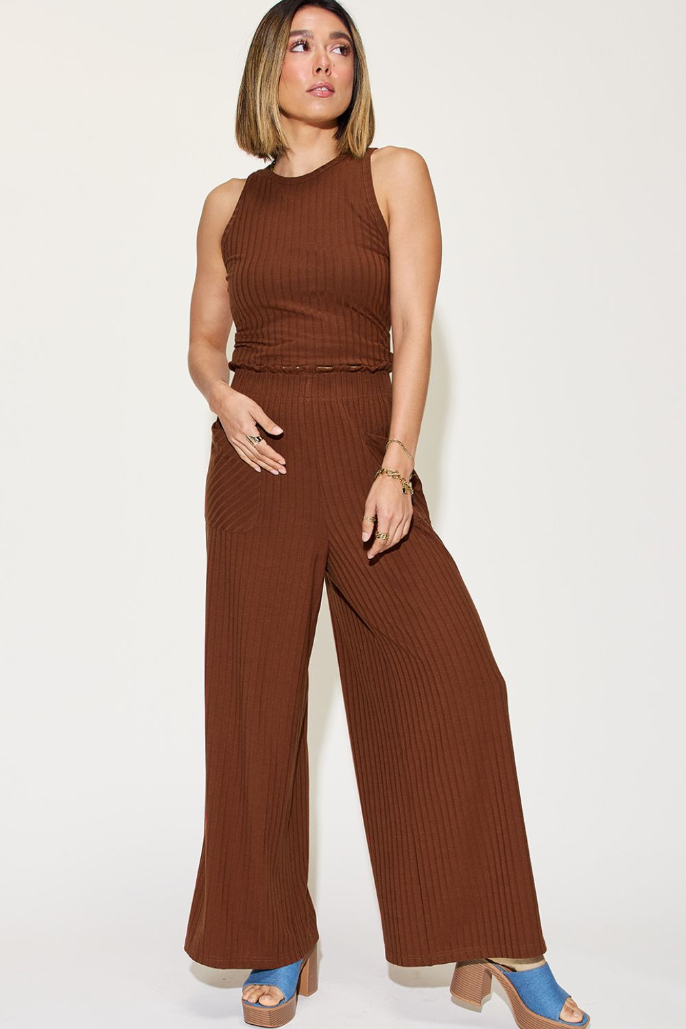 Basic Bae Full Size Ribbed Tank and Wide Leg Pants Set - Luminous Bear Shop