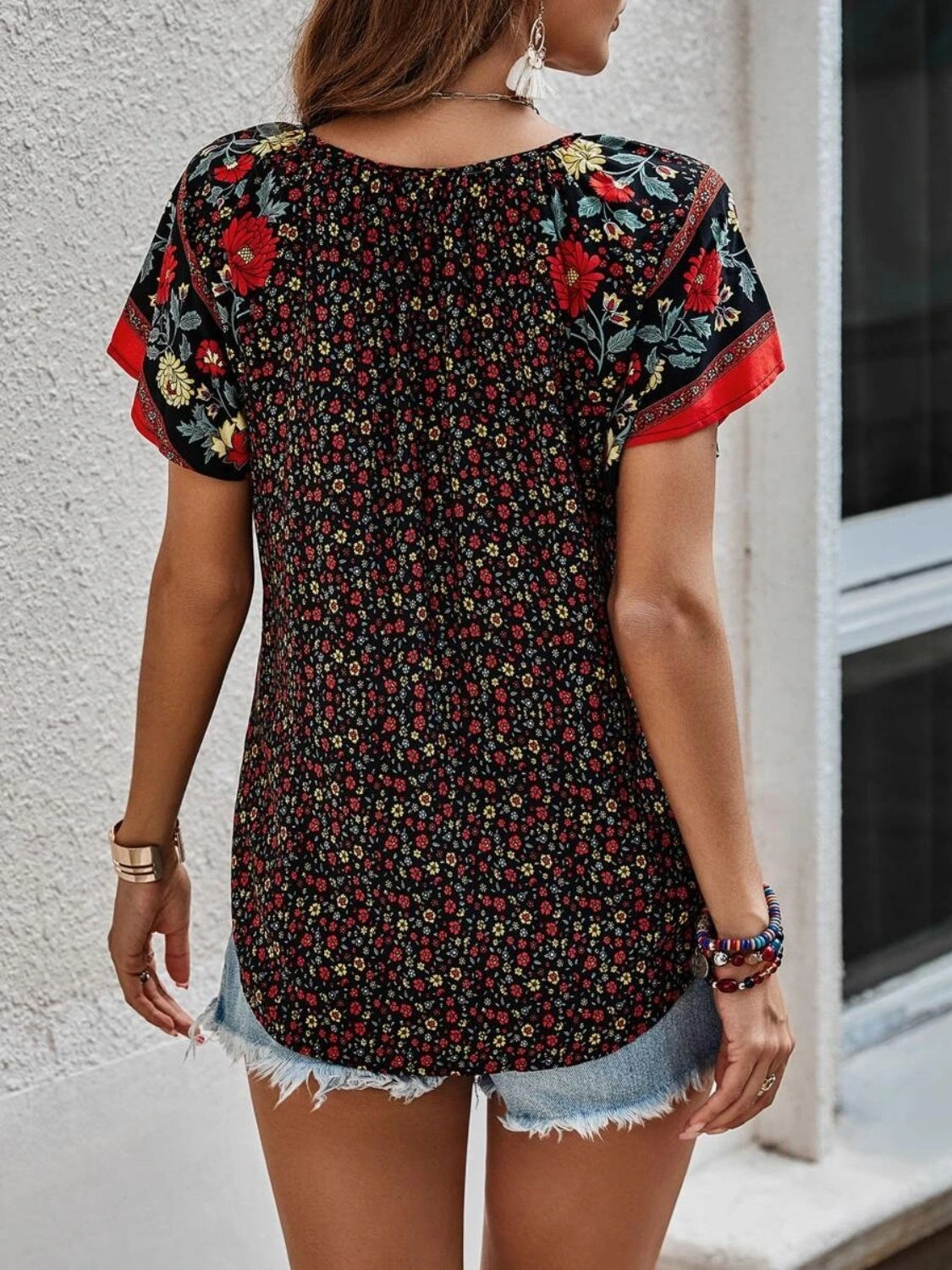 Printed Tie Neck Short Sleeve Blouse - Luminous Bear Shop