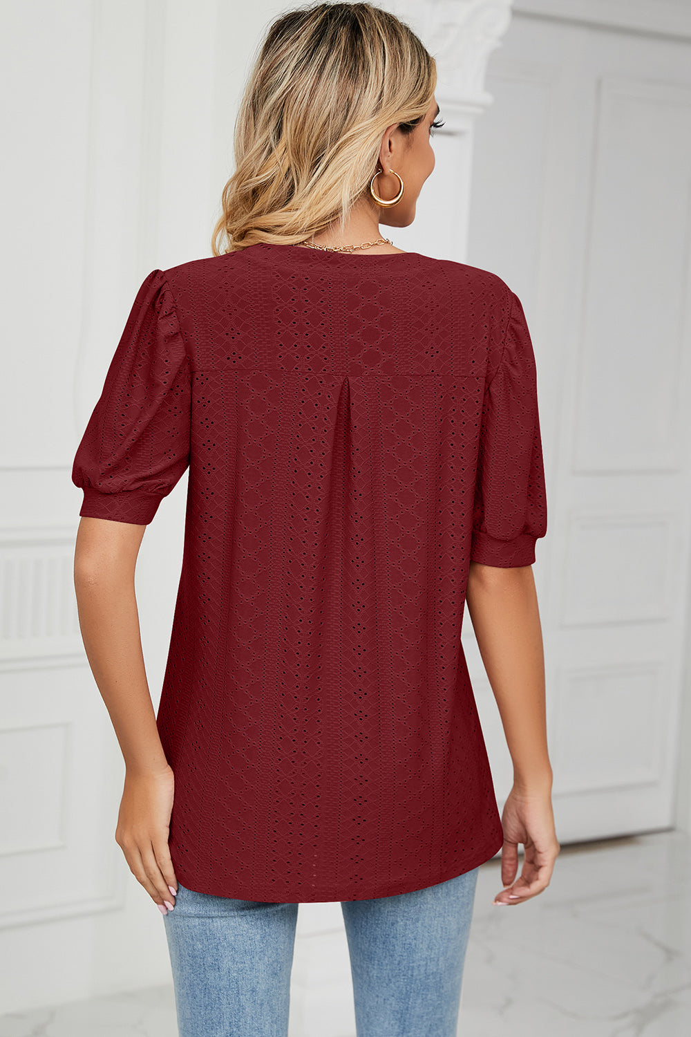 Eyelet Notched Short Sleeve T-Shirt - Luminous Bear Shop