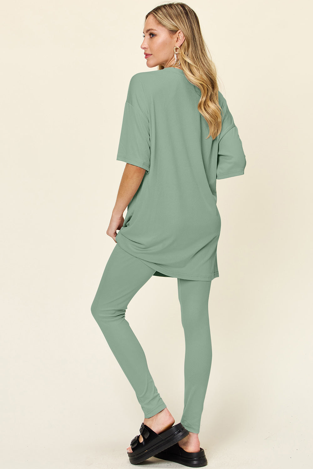 Double Take Full Size Round Neck Dropped Shoulder T-Shirt and Leggings Set - Luminous Bear Shop