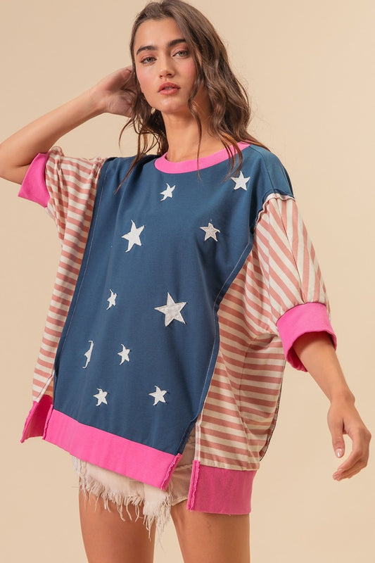 BiBi US Flag Theme Color Block Star Patch T-Shirt - Luminous Bear Shop