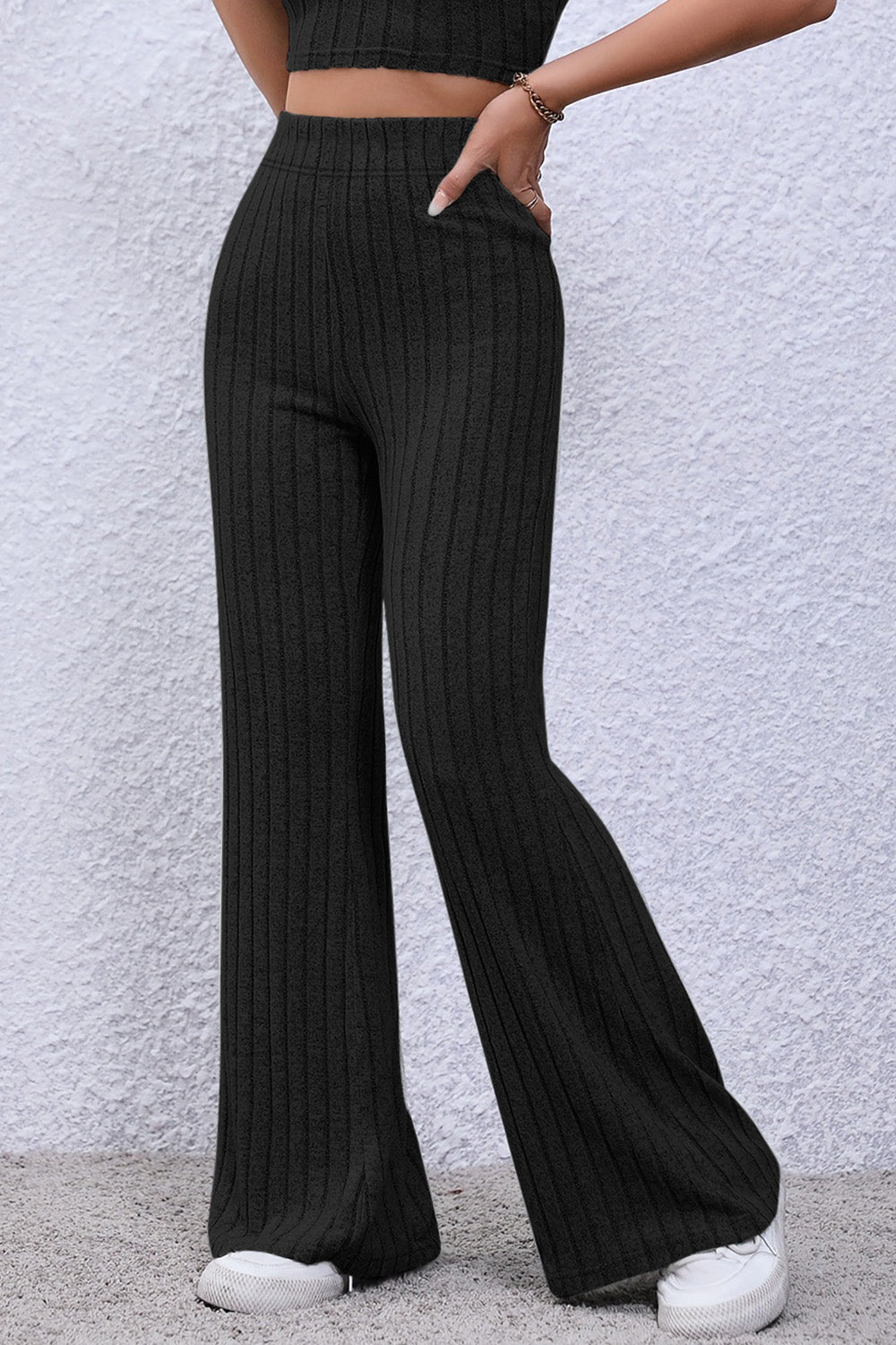 Basic Bae Full Size Ribbed High Waist Flare Pants - Luminous Bear Shop