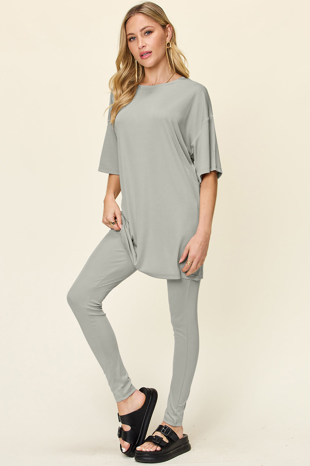 Double Take Full Size Round Neck Dropped Shoulder T-Shirt and Leggings Set - Luminous Bear Shop