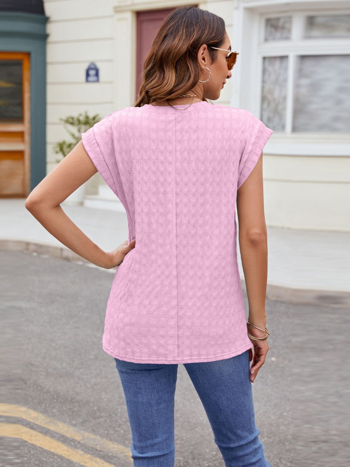 Textured Round Neck Cap Sleeve T-Shirt - Luminous Bear Shop