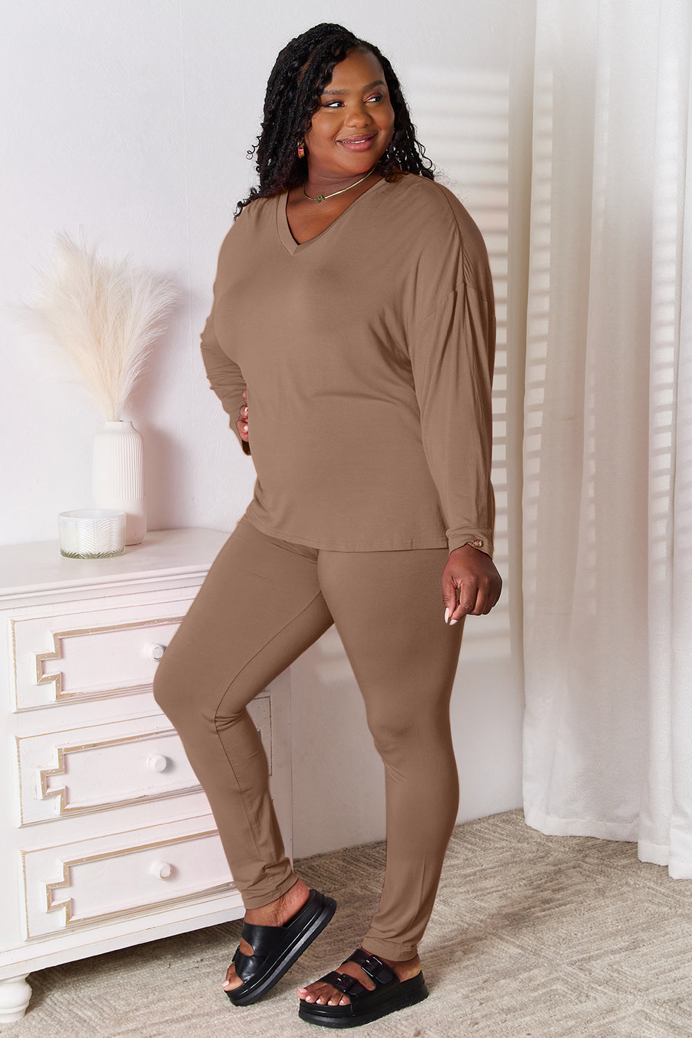 Basic Bae Full Size V-Neck Soft Rayon Long Sleeve Top and Pants Lounge Set - Luminous Bear Shop