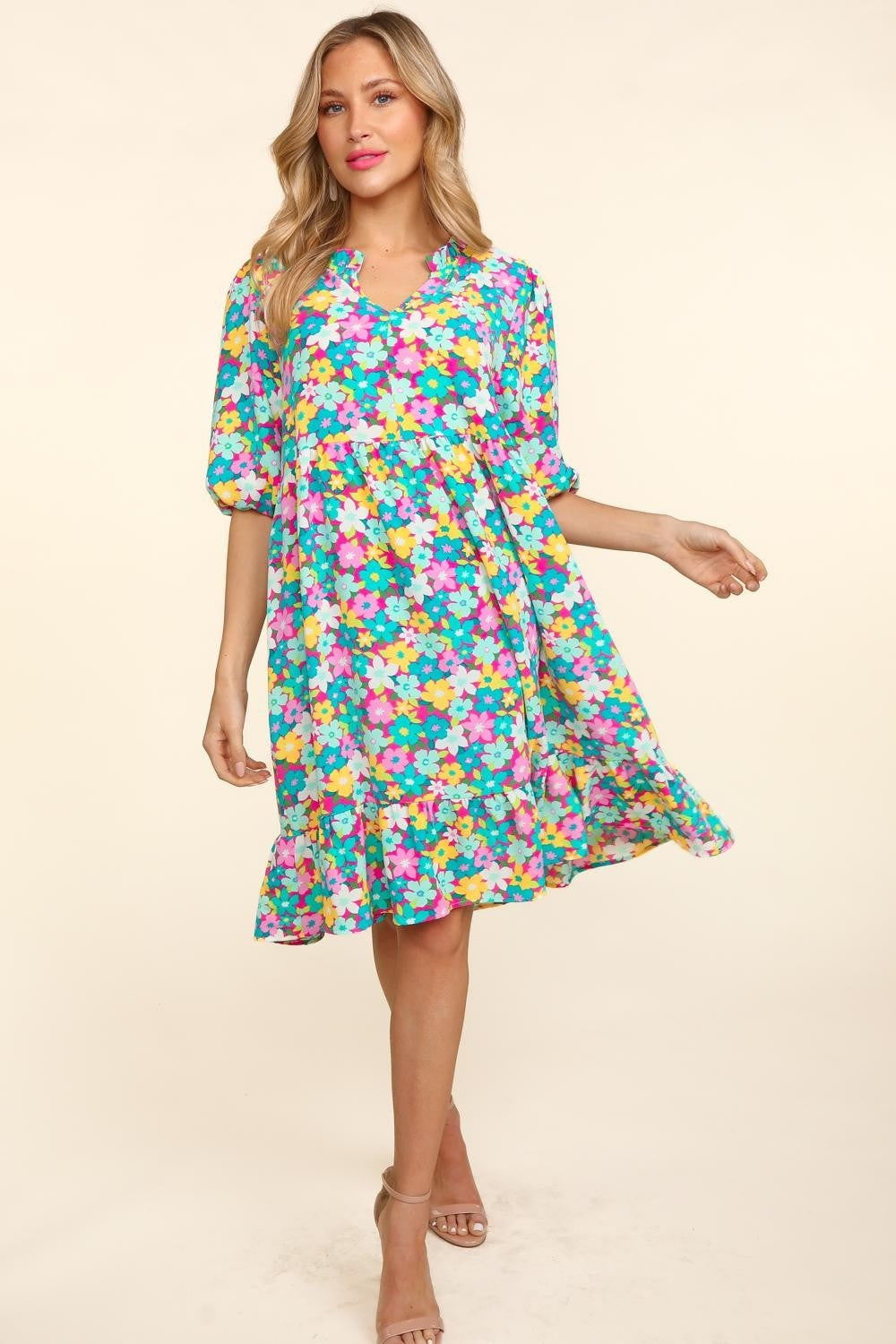 Haptics Bubble Sleeve Floral Ruffled Dress - Luminous Bear Shop