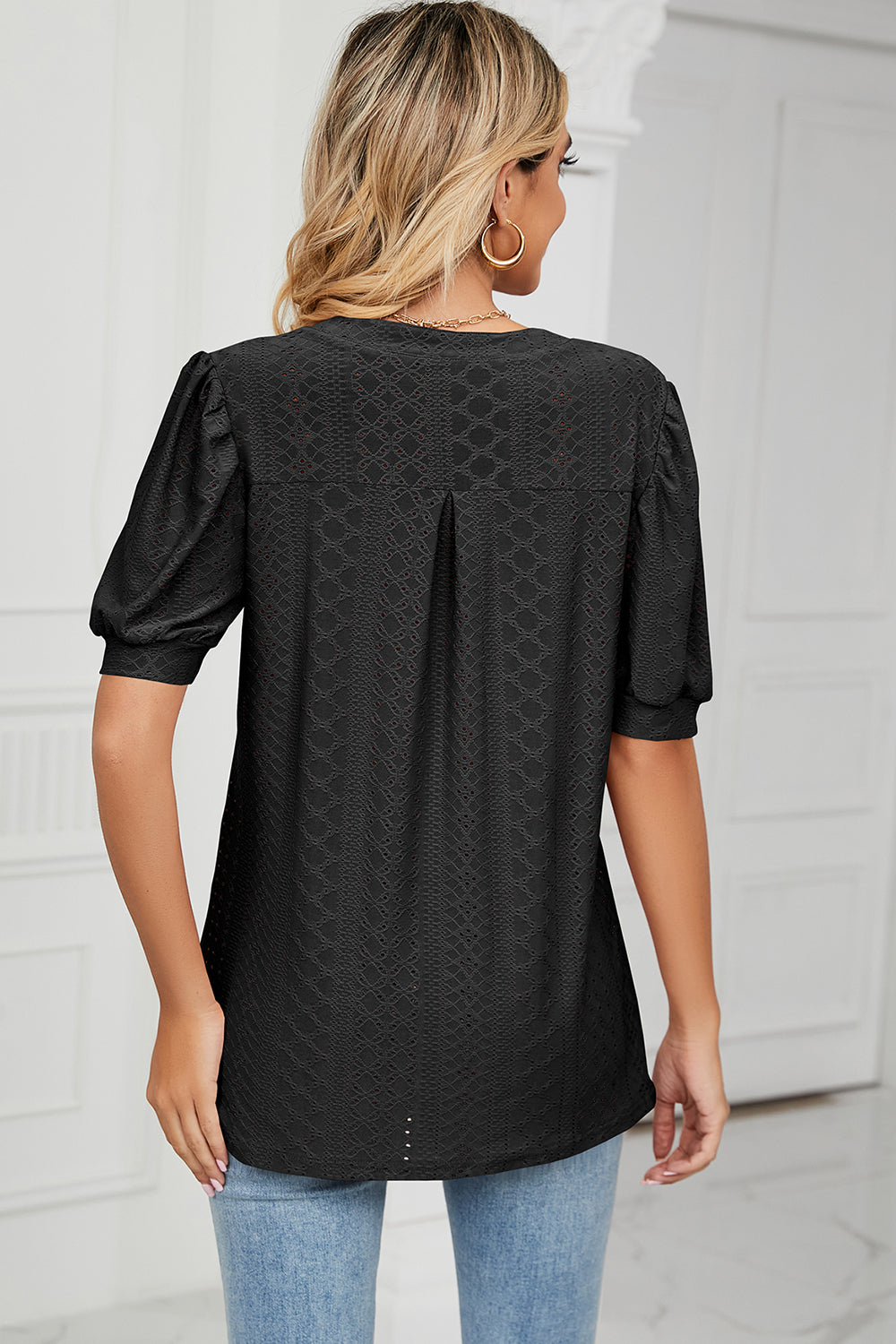 Eyelet Notched Short Sleeve T-Shirt - Luminous Bear Shop