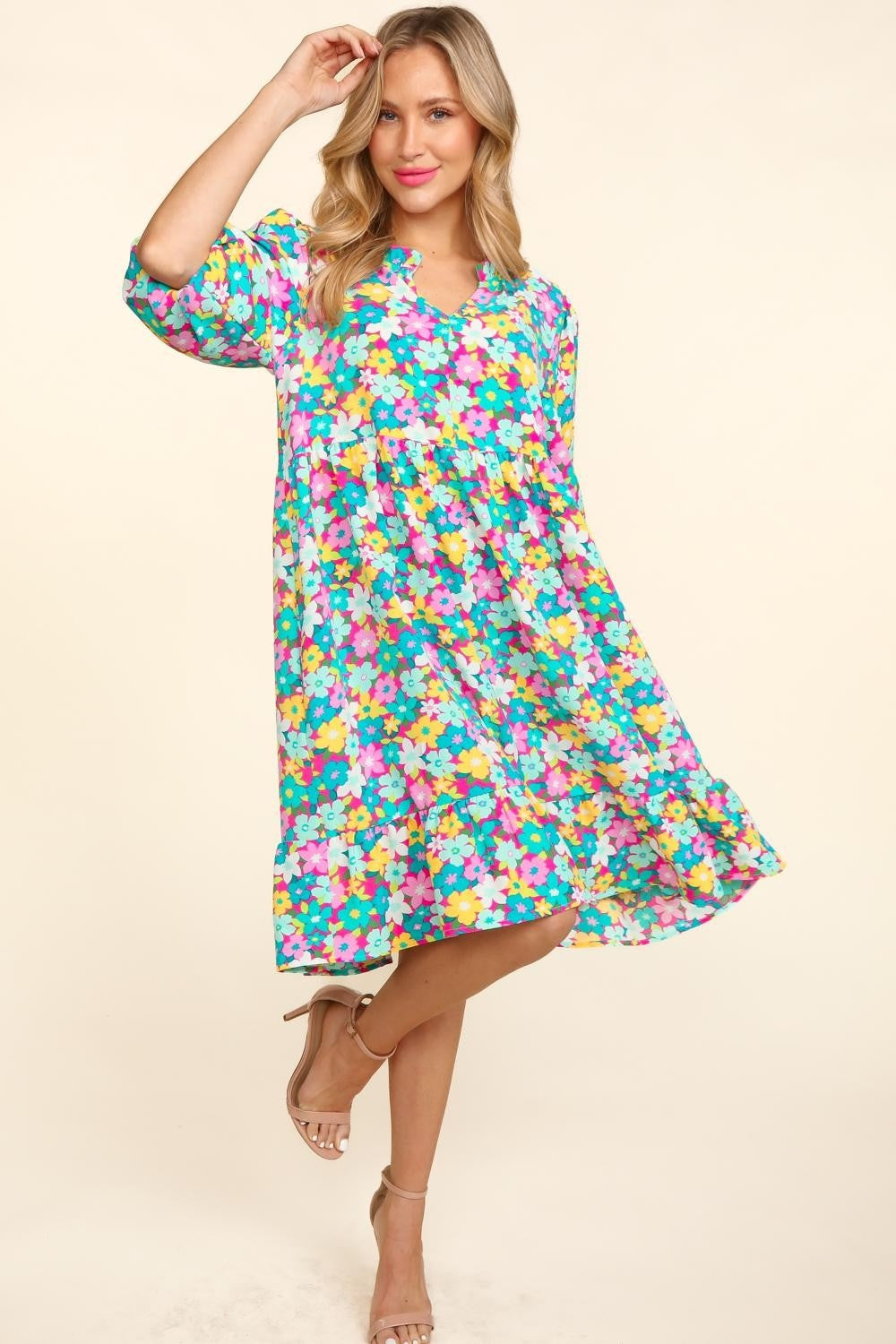 Haptics Bubble Sleeve Floral Ruffled Dress - Luminous Bear Shop