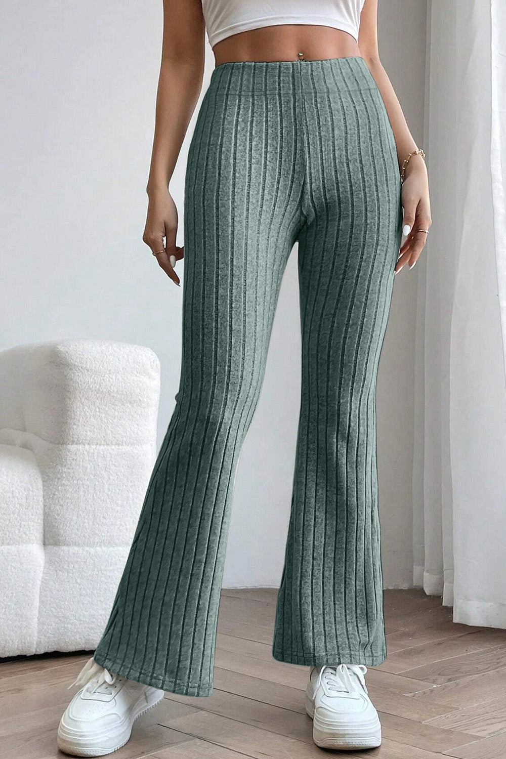 Basic Bae Full Size Ribbed High Waist Flare Pants - Luminous Bear Shop