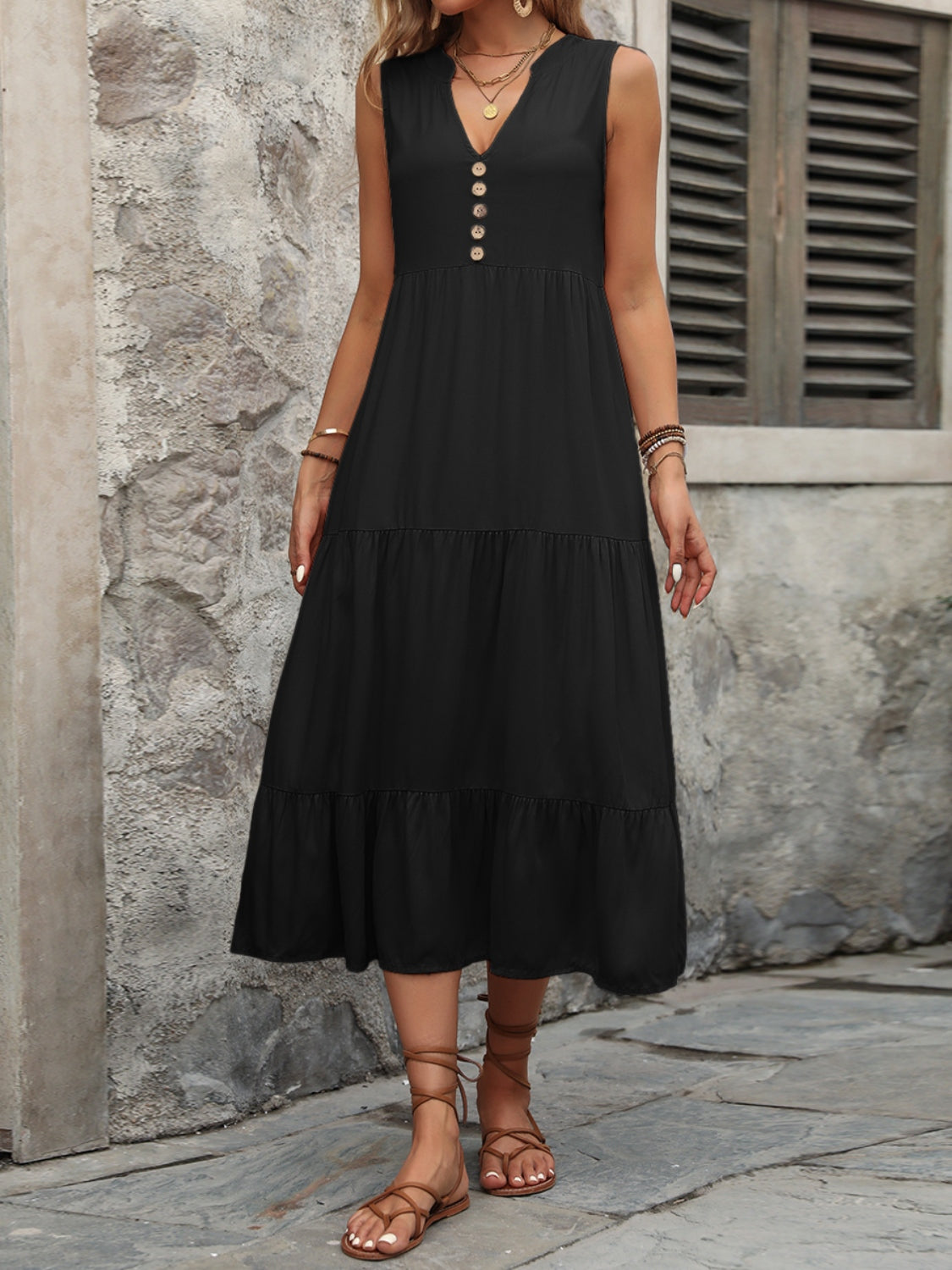 Decorative Button Notched Sleeveless Dress - Luminous Bear Shop