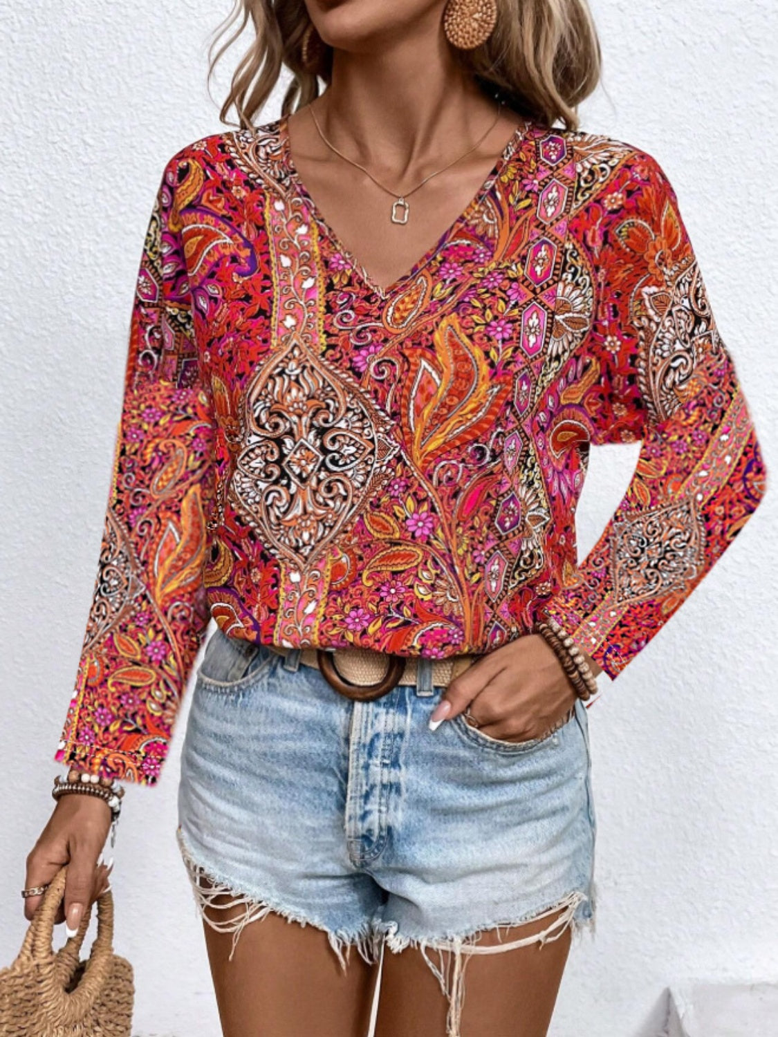 Printed V-Neck Long Sleeve Blouse - Luminous Bear Shop