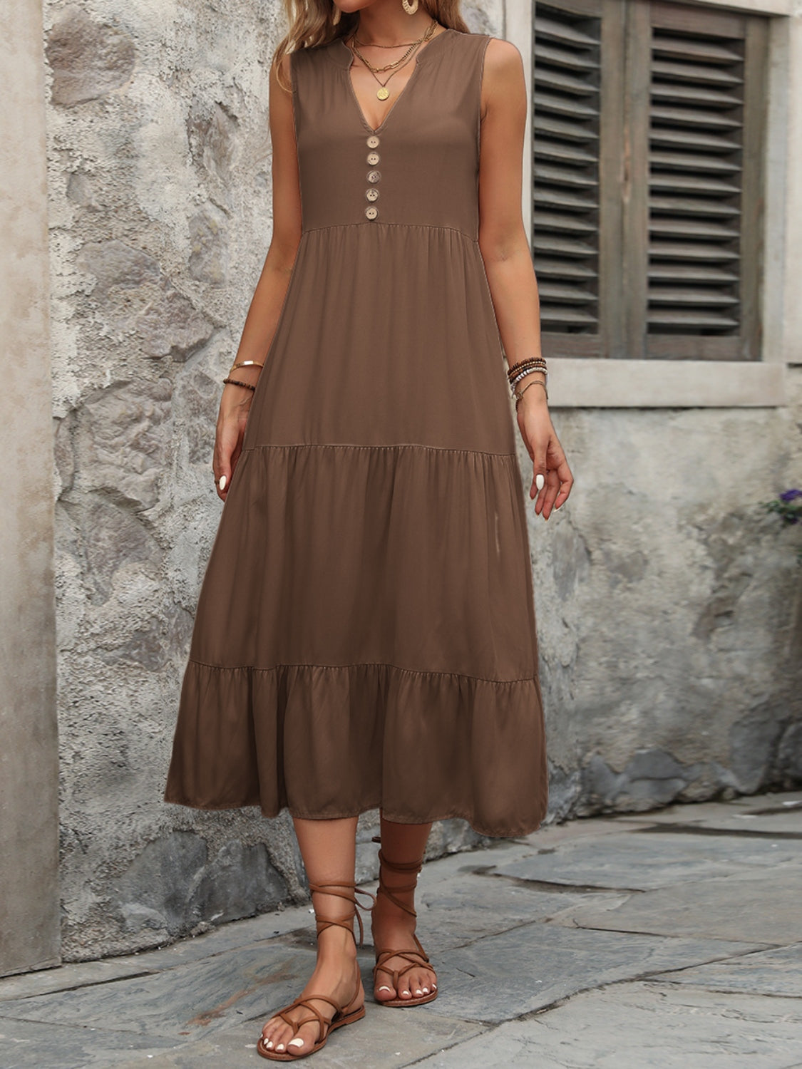 Decorative Button Notched Sleeveless Dress - Luminous Bear Shop