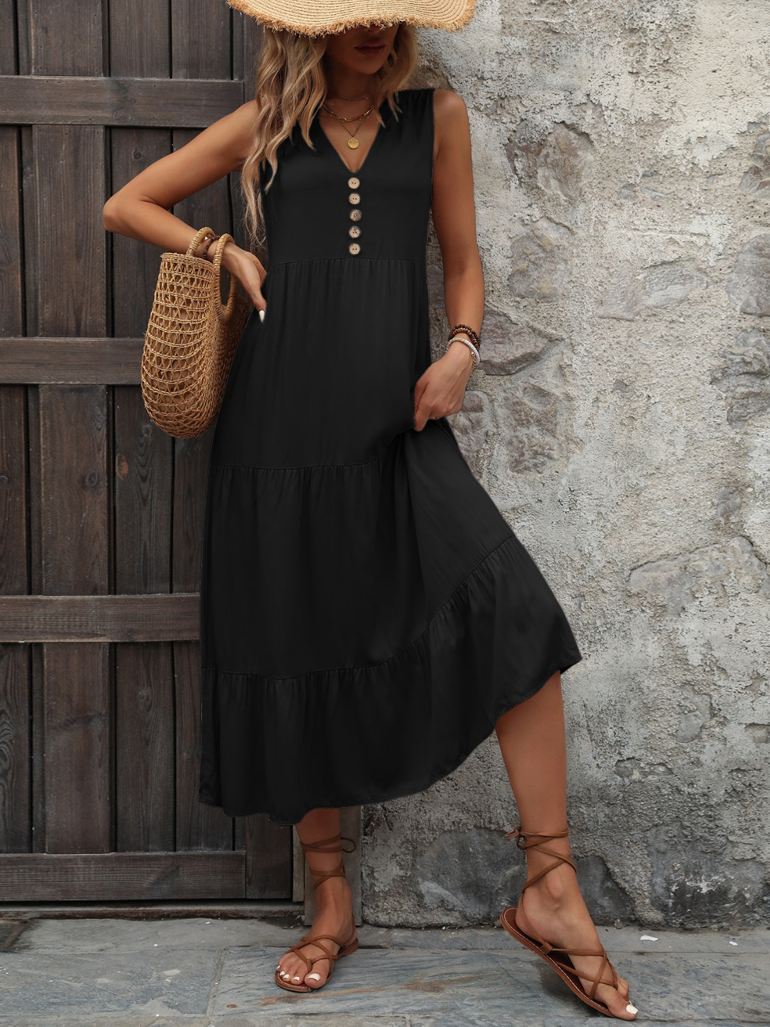 Decorative Button Notched Sleeveless Dress - Luminous Bear Shop