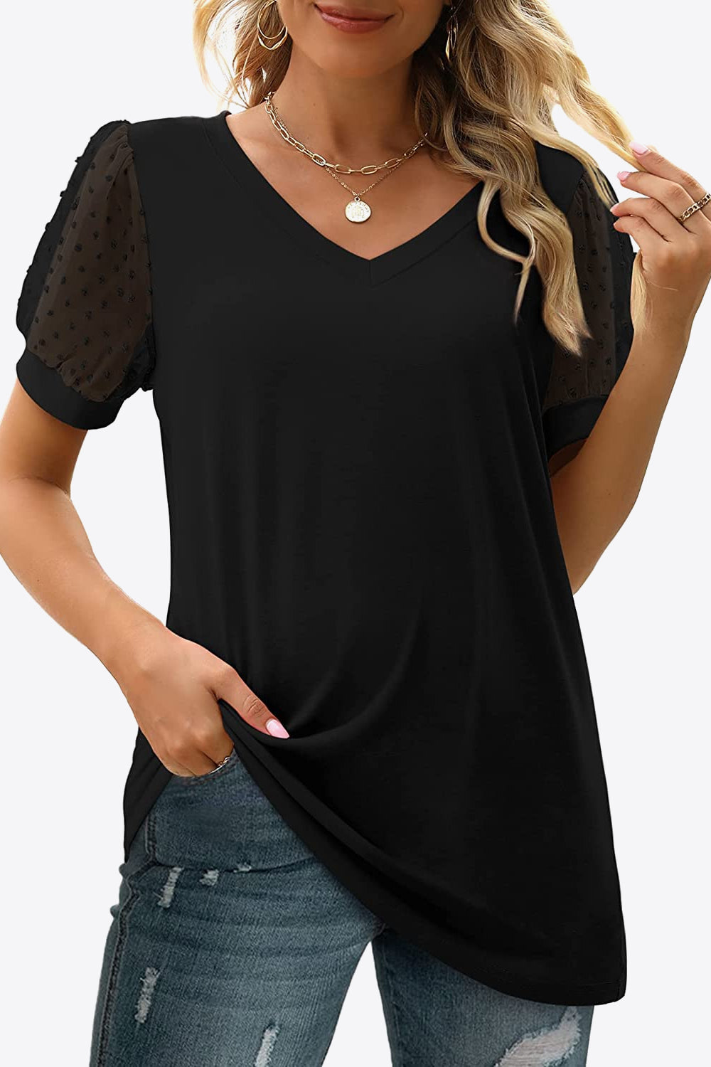 Swiss Dot Puff Sleeve V-Neck Tee - Luminous Bear Shop