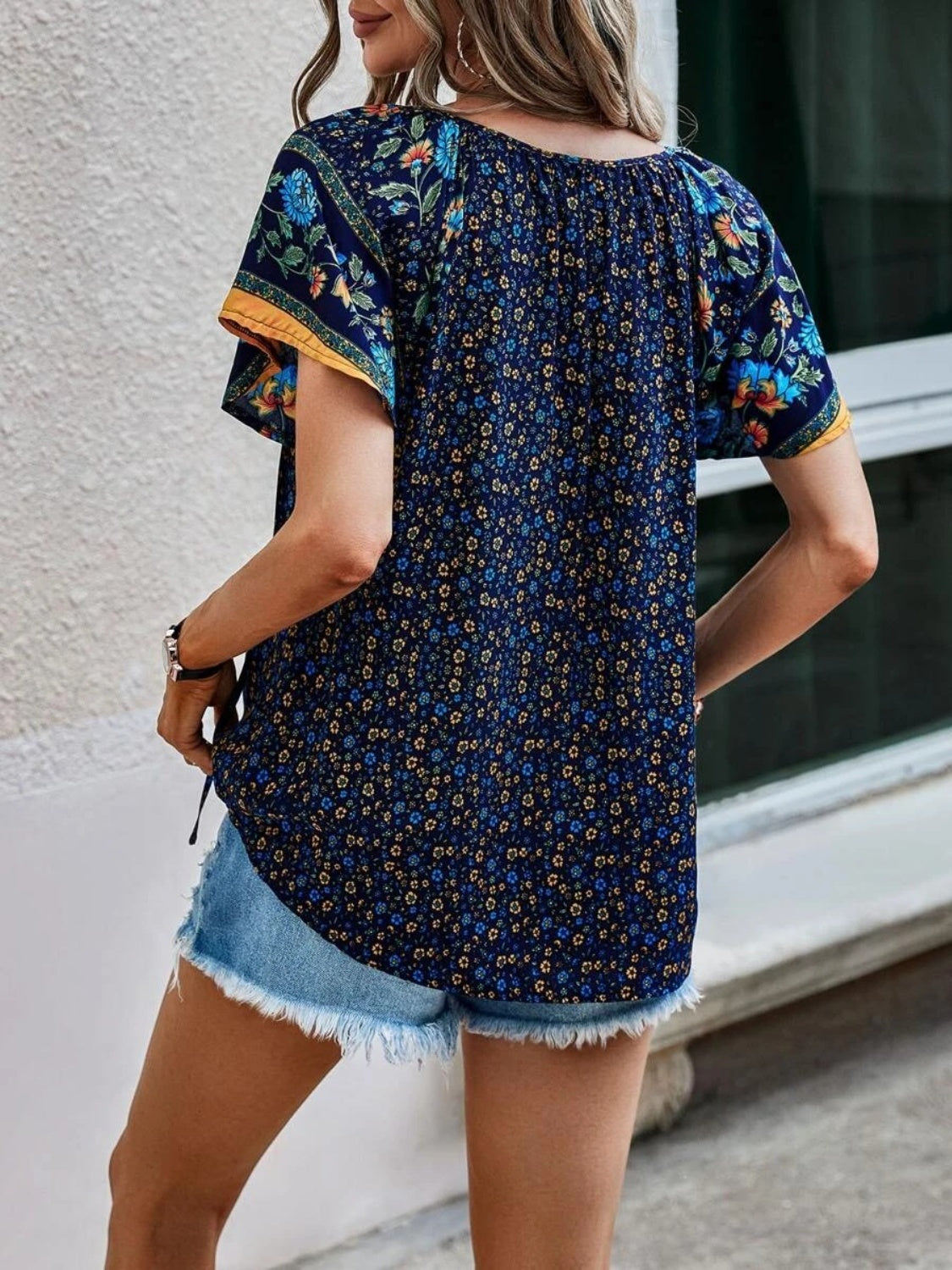 Printed Tie Neck Short Sleeve Blouse - Luminous Bear Shop