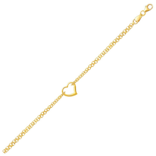 Size: 10'' - 10k Yellow Gold Double Rolo Chain Anklet with an Open Heart Station - Luminous Bear Shop