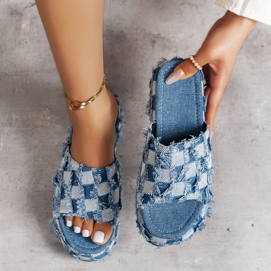 Plaid PU Leather Platform Sandals - Luminous Bear Shop