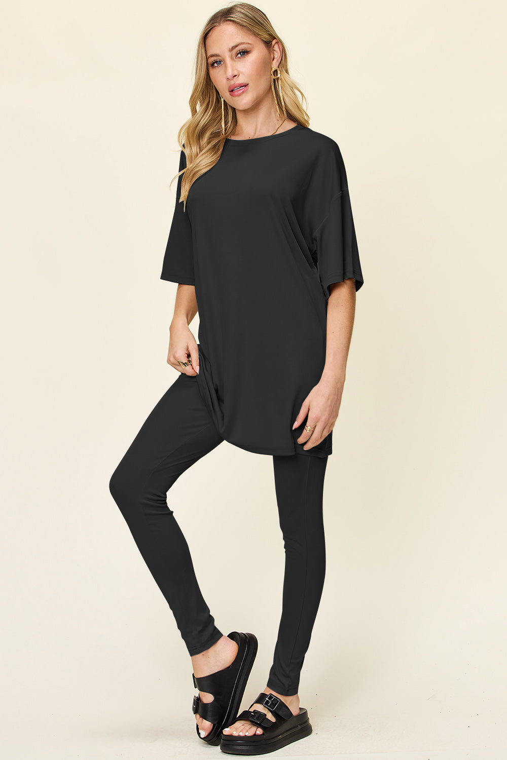 Double Take Full Size Round Neck Dropped Shoulder T-Shirt and Leggings Set - Luminous Bear Shop