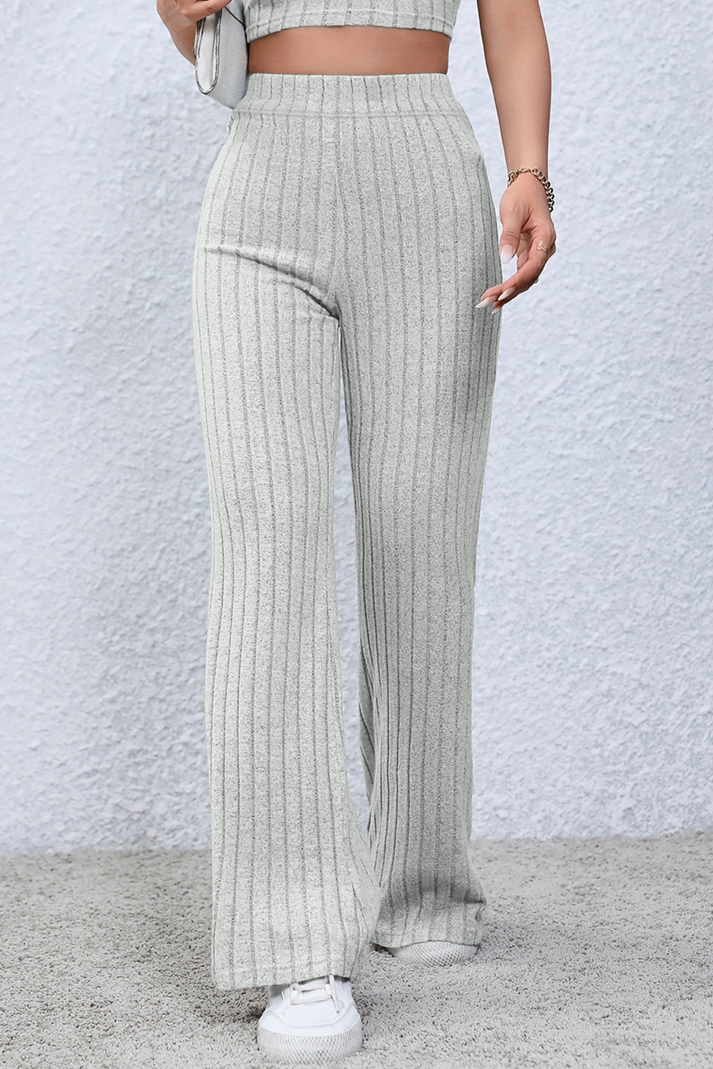 Basic Bae Full Size Ribbed High Waist Flare Pants - Luminous Bear Shop