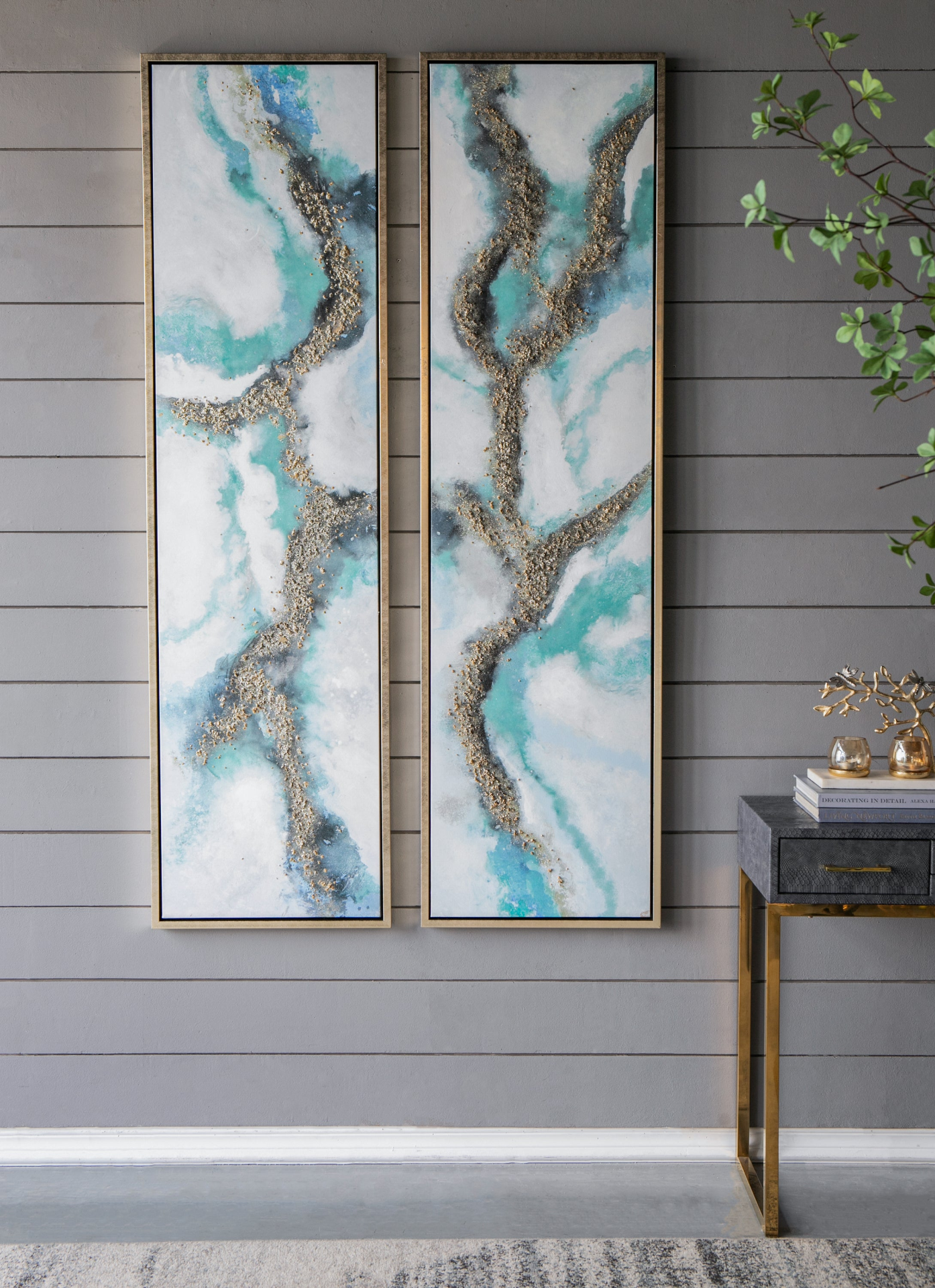 Set of 2 Elongated Modern Abstract Oil Painting,, Rectangle Framed Wall Art, 20" x 71" - Luminous Bear Shop