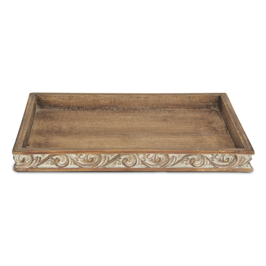 Distressed Finish Wood Tray With Side Carvings - Luminous Bear Shop