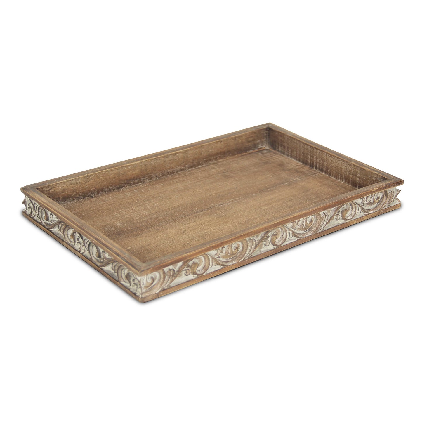 Distressed Finish Wood Tray With Side Carvings - Luminous Bear Shop