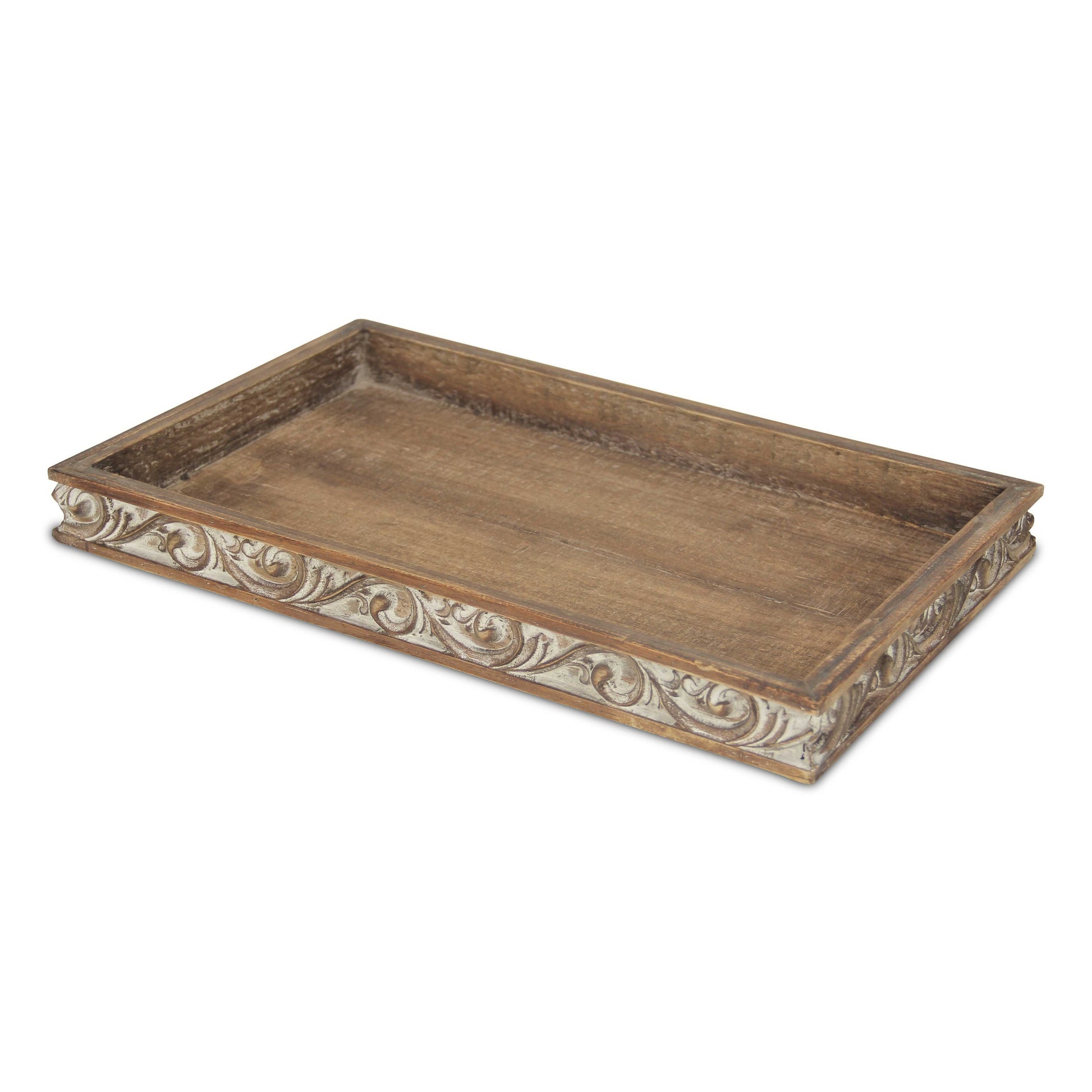 Distressed Finish Wood Tray With Side Carvings - Luminous Bear Shop