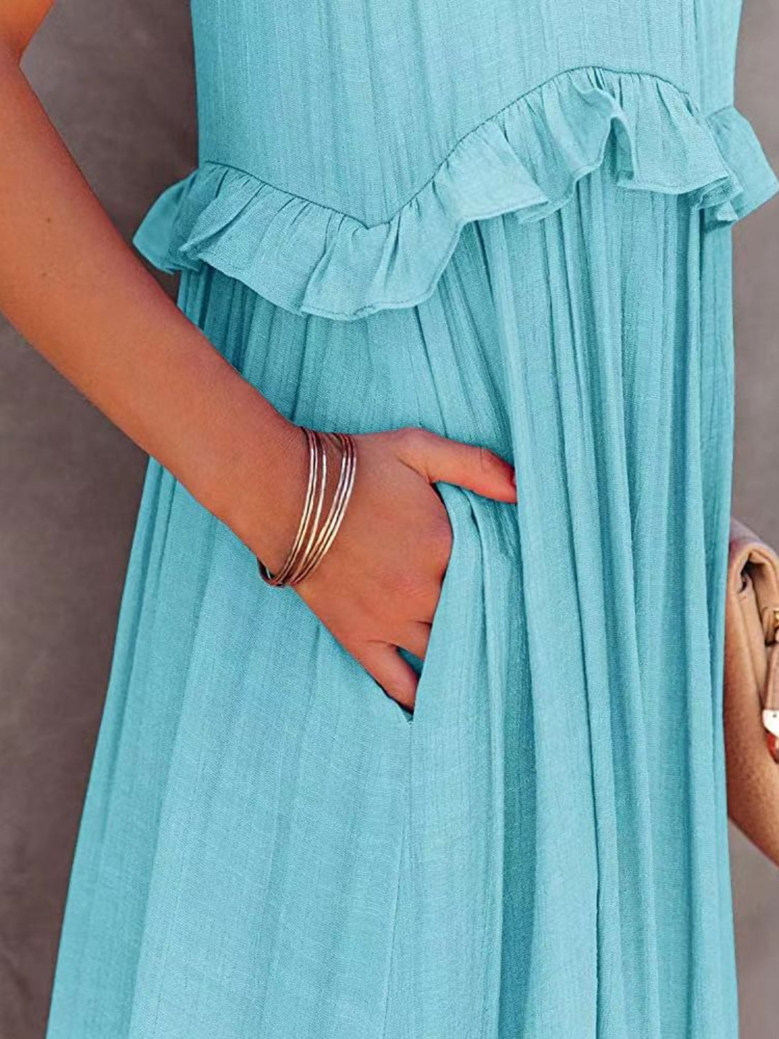 Ruffled Sleeveless Tiered Maxi Dress with Pockets - Luminous Bear Shop