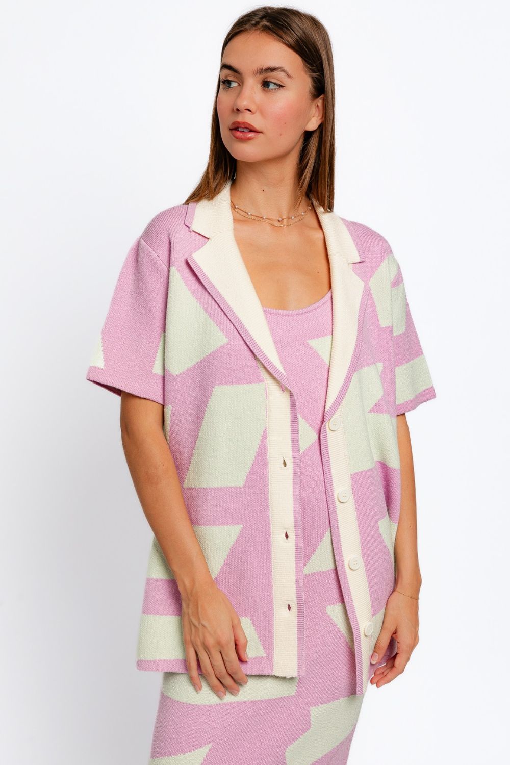 Le Lis Abstract Contrast Short Sleeve Collared Cardigan - Luminous Bear Shop