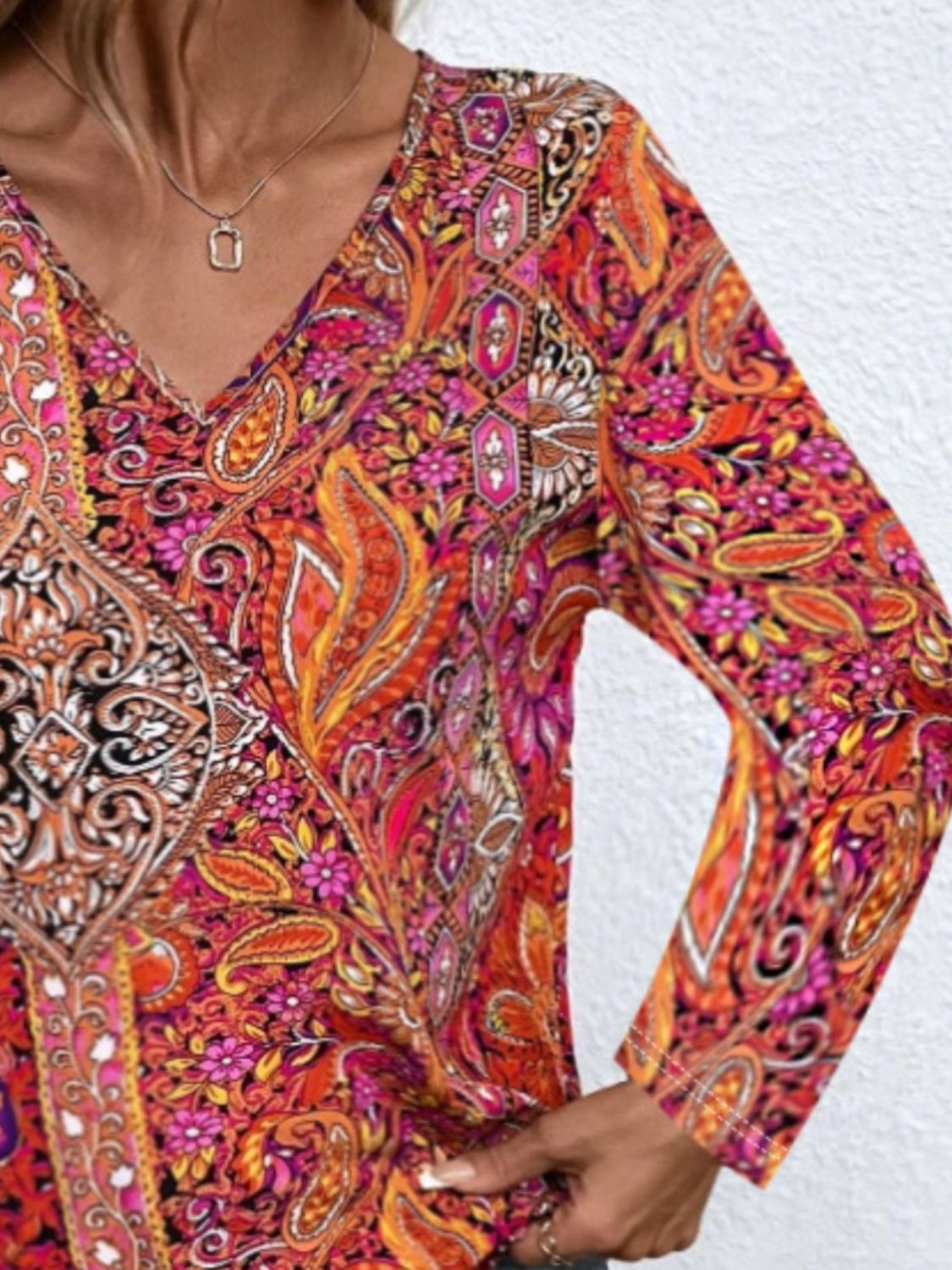 Printed V-Neck Long Sleeve Blouse - Luminous Bear Shop