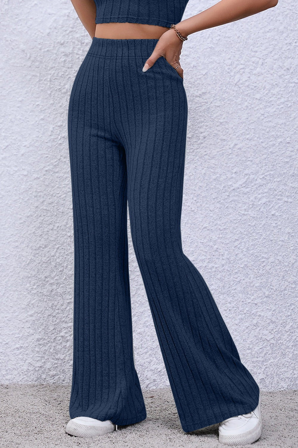 Basic Bae Full Size Ribbed High Waist Flare Pants - Luminous Bear Shop