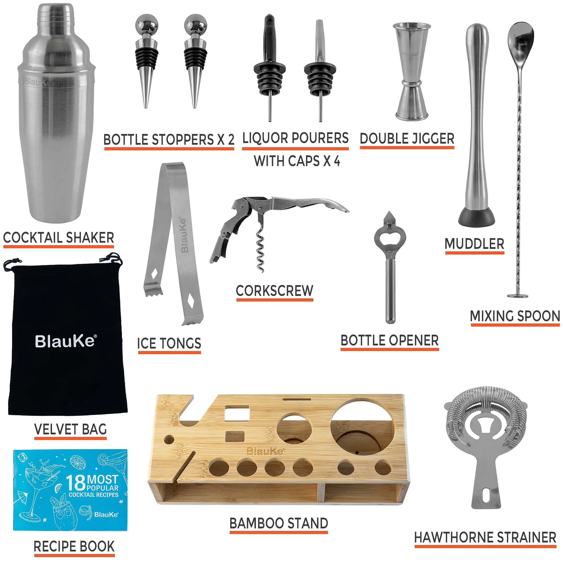 Stainless Steel Cocktail Shaker Set with Stand - 17-Piece Mixology Bartender Kit, Bar Set - 25oz Martini Shaker, Jigger, Strainer, Muddler, Mixing Spoon - Luminous Bear Shop