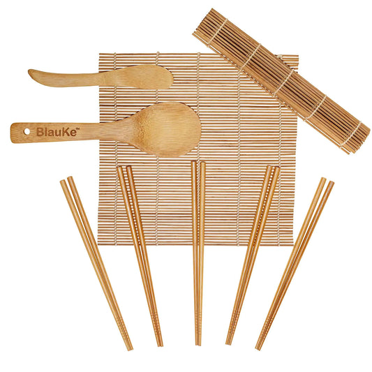 Bamboo Sushi Making Kit with 2 Sushi Rolling Mats, 5 Pairs of Reusable Bamboo Chopsticks, 1 Rice Paddle and 1 Spreader - Beginner Sushi Kit - Luminous Bear Shop