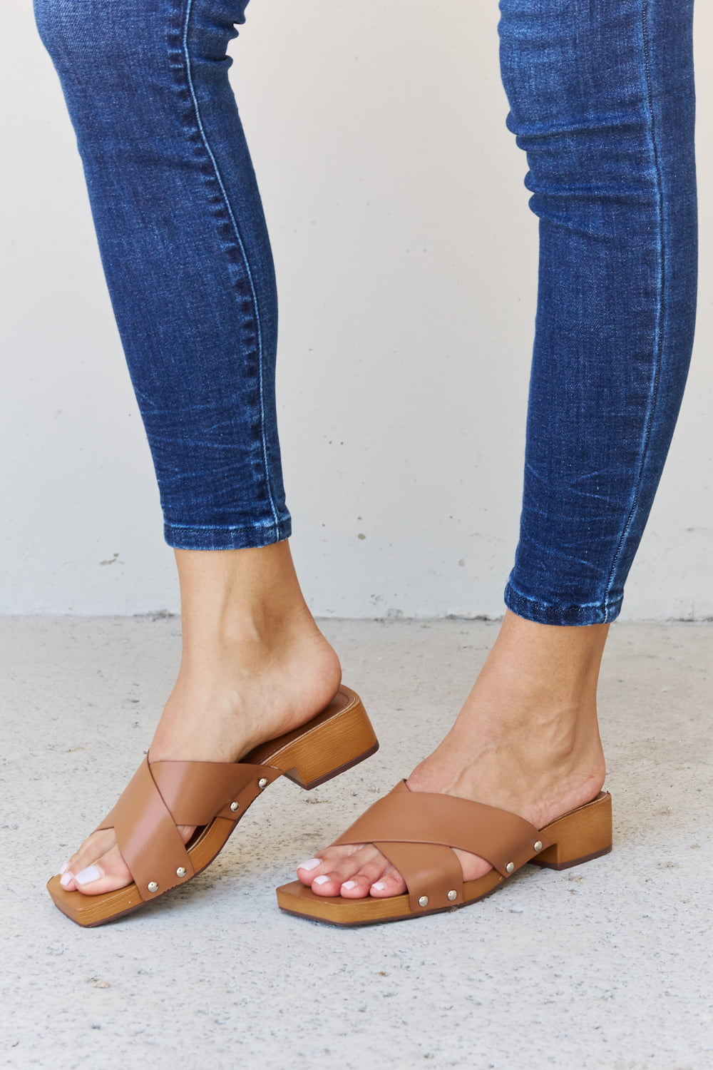 Weeboo Step Into Summer Criss Cross Wooden Clog Mule in Brown - Luminous Bear Shop