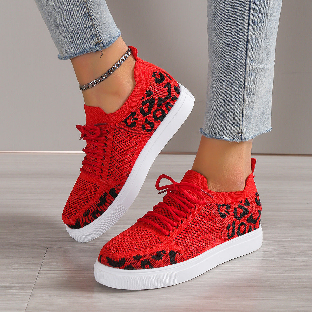Lace-Up Leopard Flat Sneakers - Luminous Bear Shop