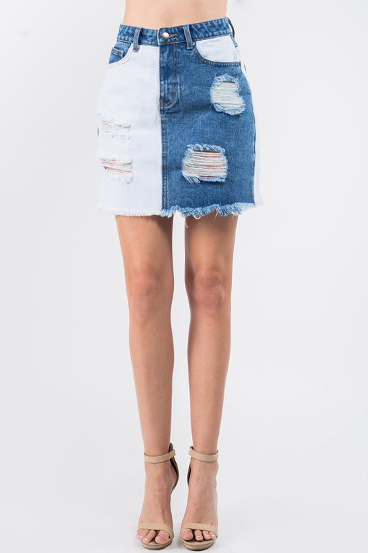 American Bazi Contrast Patched Frayed Denim Distressed Skirts - Luminous Bear Shop