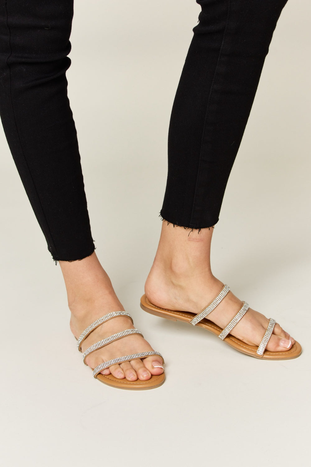 WILD DIVA Rhinestone Three-Strap Flat Sandals - Luminous Bear Shop
