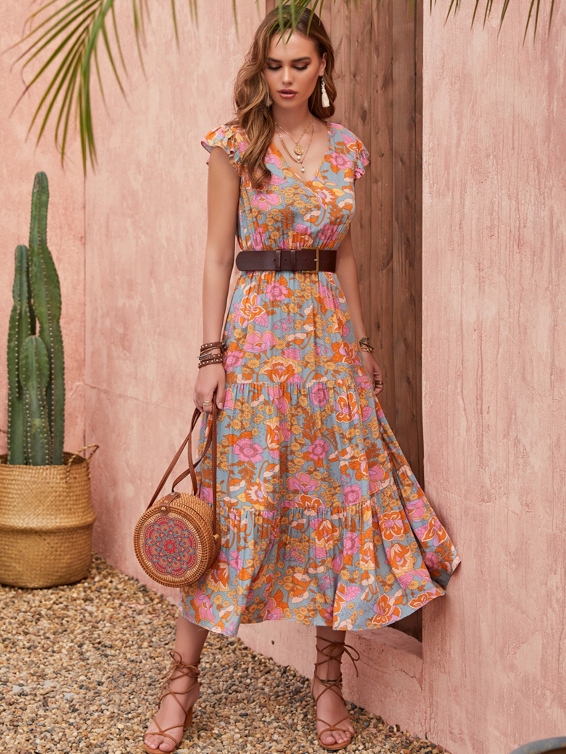 Ruffled Printed V-Neck Cap Sleeve Tiered Dress - Luminous Bear Shop