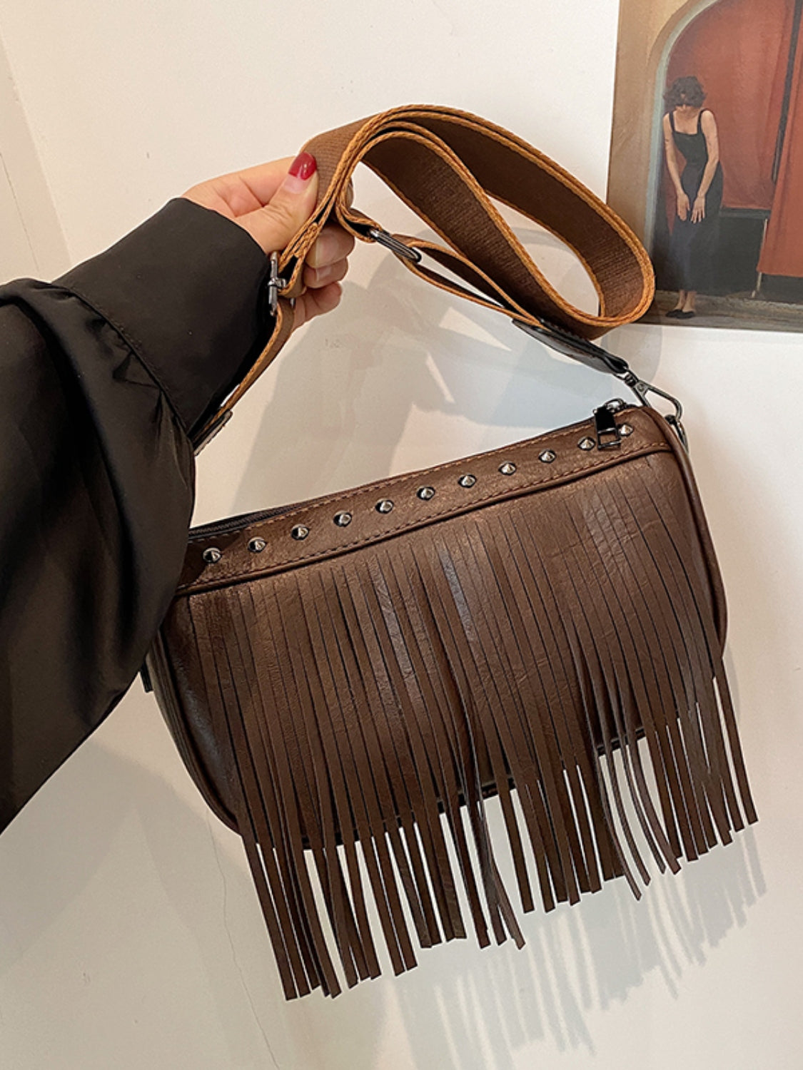 PU Leather Fringe Studded Crossbody Bag - Luminous Bear Shop