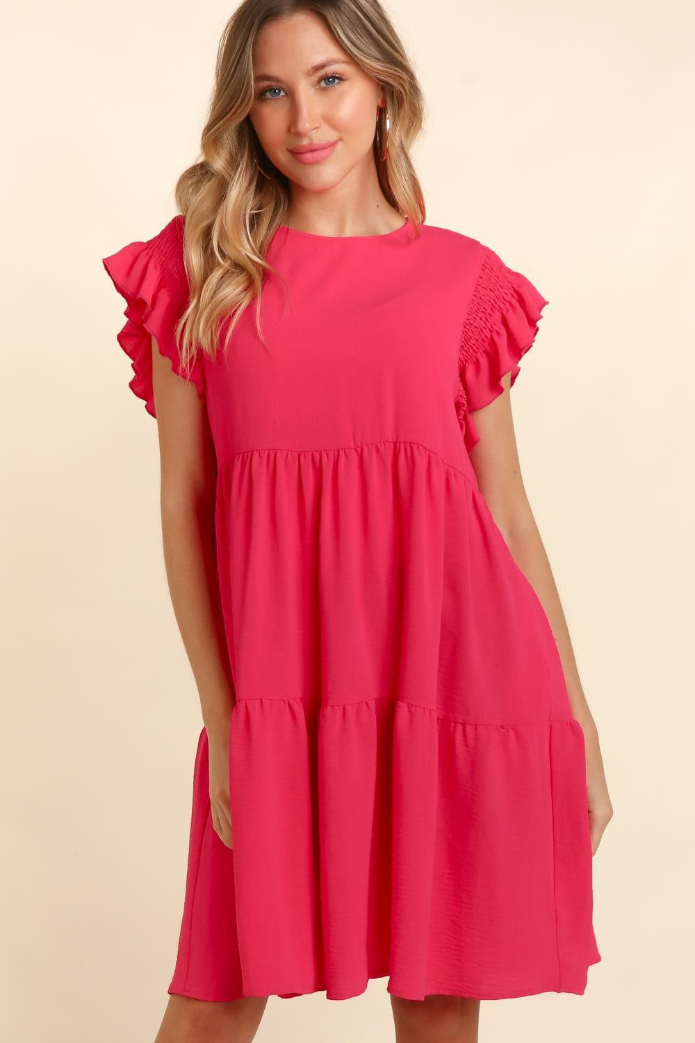 Haptics Full Size Smocking Ruffle Short Sleeve Dress with Pockets - Luminous Bear Shop