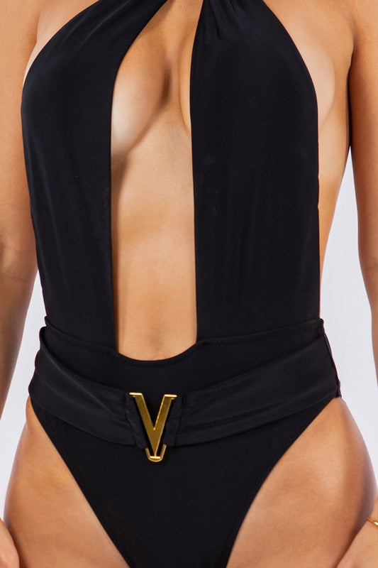 ONE PIECE BATHING SUIT DEEP OPEN WITH BELT ON WAIS - Luminous Bear Shop