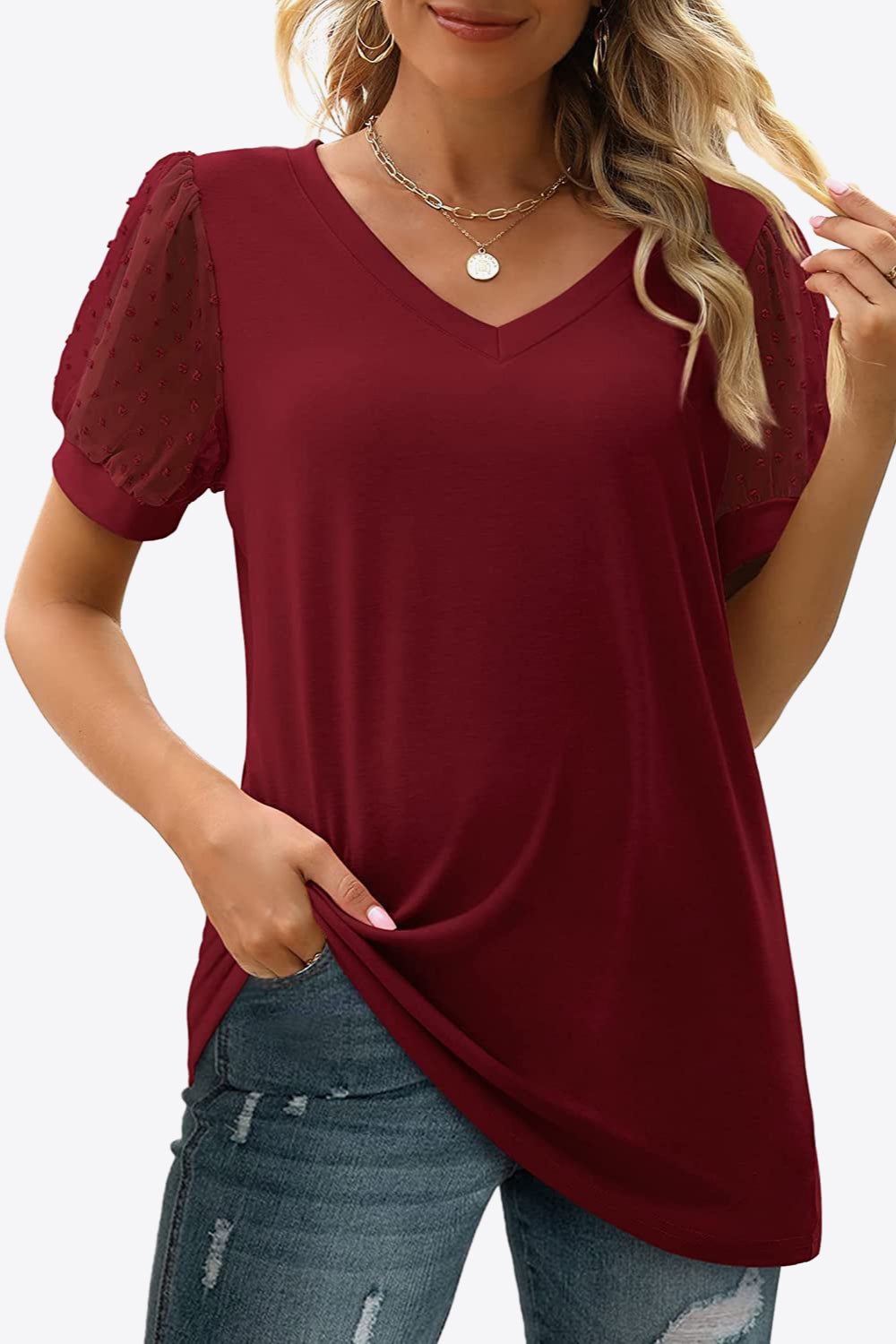 Swiss Dot Puff Sleeve V-Neck Tee - Luminous Bear Shop