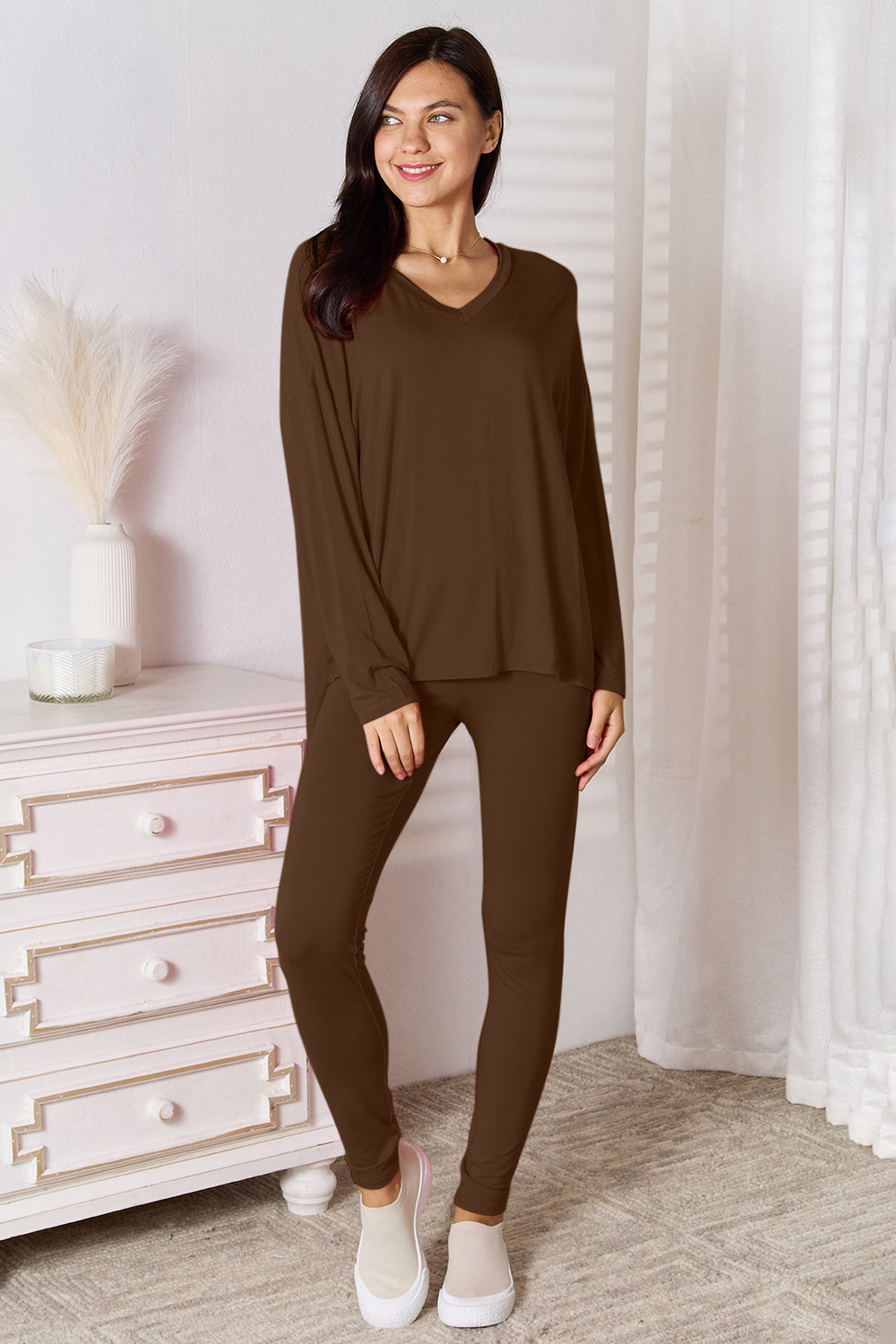 Basic Bae Full Size V-Neck Soft Rayon Long Sleeve Top and Pants Lounge Set - Luminous Bear Shop